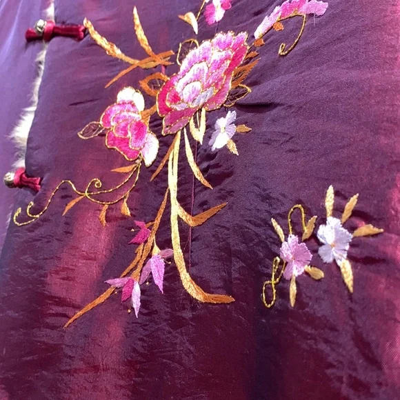 Antique Floral Embroidered Burgundy Silk Vest with Golden Fur Trim, frog toggles - Picture 11 of 12